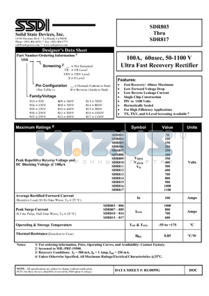 SDR803TXV datasheet - 100A, 60nsec, 50-1100 V Ultra Fast Recovery Rectifier