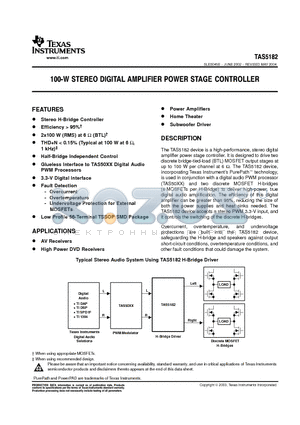 TAS5182IDCAR datasheet - 100−W STEREO DIGITAL AMPLIFIER POWER STAGE CONTROLLER