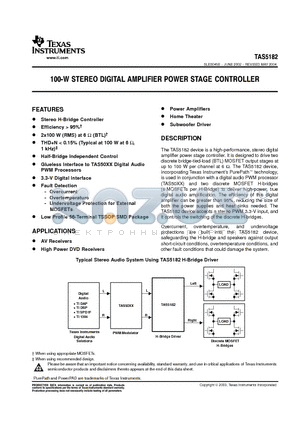 TAS5182 datasheet - 100−W STEREO DIGITAL AMPLIFIER POWER STAGE CONTROLLER