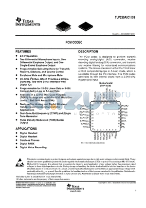 TLV320AIC1103 datasheet - PCM CODEC