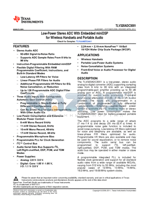 TLV320ADC3001IYZHT datasheet - Low-Power Stereo ADC With Embedded miniDSP for Wireless Handsets and Portable Audio