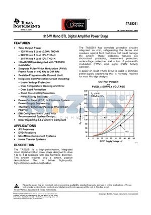 TAS5261DKD datasheet - 315-W Mono BTL Digital Amplifier Power Stage