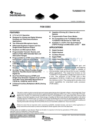 TLV320AIC1110PBS datasheet - PCM CODEC