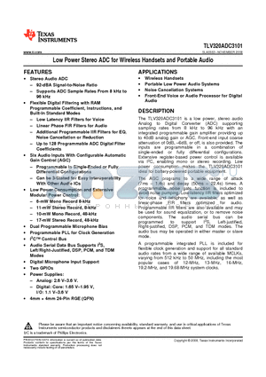TLV320ADC3101IRGER datasheet - Low Power Stereo ADC for Wireless Handsets and Portable Audio