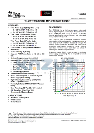 TAS5352DDV datasheet - 125 W STEREO DIGITAL AMPLIFIER POWER STAGE