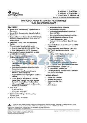 TLV320AIC12KIRHBR datasheet - LOW-POWER, HIGHLY-INTEGRATED, PROGRAMMABLE 16-Bit, 26-KSPS MONO CODEC