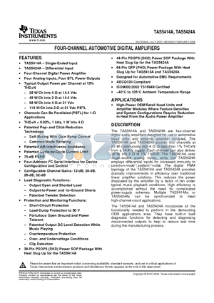 TAS5414ATDKDQ1G4 datasheet - FOUR-CHANNEL AUTOMOTIVE DIGITAL AMPLIFIERS