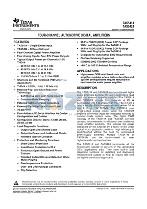 TAS5414TDKDRQ1 datasheet - FOUR-CHANNEL AUTOMOTIVE DIGITAL AMPLIFIERS