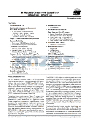 SST36VF1601-90-4E-EK datasheet - 16 Megabit Concurrent SuperFlash