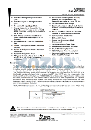 TLV320AIC22 datasheet - DUAL VOIP CODEC