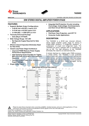 TAS5602 datasheet - 20W STEREO DIGITAL AMPLIFIER POWER STAGE