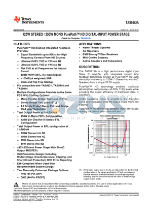 TAS5612ADKD datasheet - 125W STEREO / 250W MONO PurePath HD DIGITAL-INPUT POWER STAGE