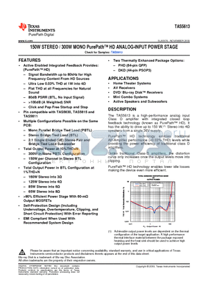 TAS5613 datasheet - 150W STEREO / 300W MONO PurePath HD ANALOG-INPUT POWER STAGE