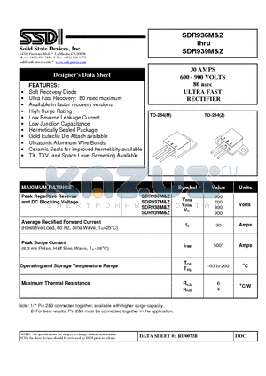 SDR937M datasheet - 30 AMPS 600 - 900 VOLTS 80 nsec ULTRA FAST RECTIFIER