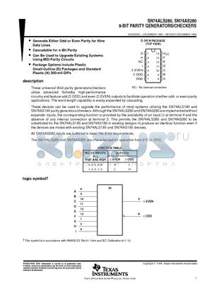 SN74ALS280N3 datasheet - 9-BIT PARITY GENERATORS/CHECKERS