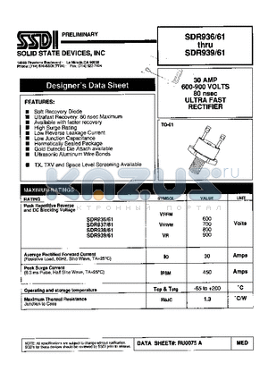 SDR939/61 datasheet - 30 AMP 600-900 VOLTS 80 nsec ULTRA FAST RECTIFIER