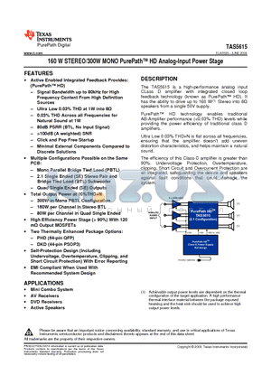 TAS5615DKDR datasheet - 160 W STEREO/300W MONO PurePath HD Analog-Input Power Stage