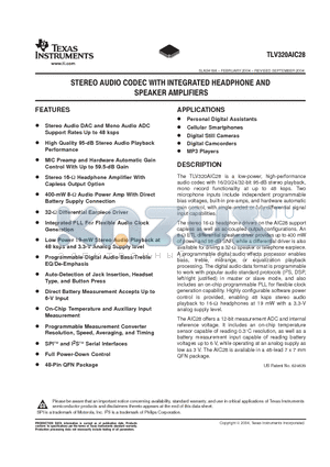 TLV320AIC28 datasheet - STEREO AUDIO CODEC WITH INTERGRATED HEADPHONE AND SPEAKER AMPLIFIERS