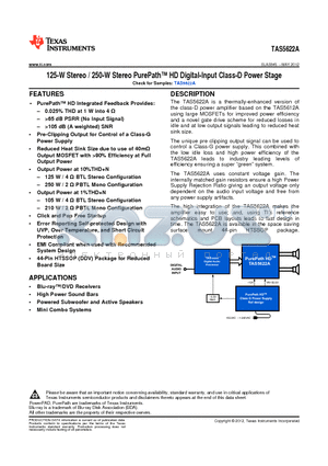 TAS5622ADDV datasheet - 125-W Stereo / 250-W Stereo PurePath HD Digital-Input Class-D Power Stage