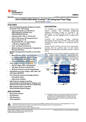 TAS5615PHD datasheet - 160 W STEREO/300W MONO PurePath HD Analog-Input Power Stage
