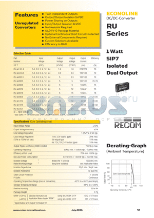 RU-1.80515 datasheet - 1 Watt SIP7 Isolated Dual Output