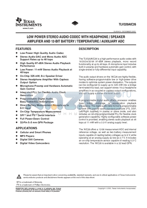 TLV320AIC26 datasheet - LOW POWER STEREO AUDIO CODEC WITH HEADPHONE/SPEAKER AMPLIFIER AND 12-BIT BATTERY / TEMPERATURE / AUXILIARY ADC