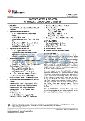 TLV320AIC3007IRSBR datasheet - LOW-POWER STEREO AUDIO CODEC WITH INTEGRATED MONO CLASS-D AMPLIFIER