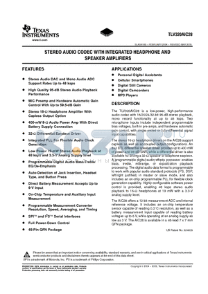 TLV320AIC28IRGZ datasheet - STEREO AUDIO CODEC WITH INTEGRATED HEADPHONE AND SPEAKER AMPLIFIERS