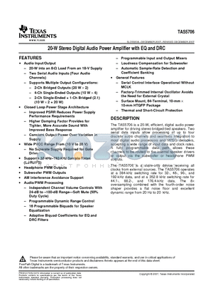 TAS5706 datasheet - 20-W Stereo Digital Audio Power Amplifier with EQ and DRC
