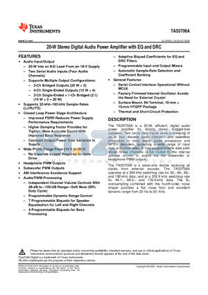 TAS5706A datasheet - 20-W Stereo Digital Audio Power Amplifier with EQ and DRC