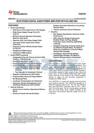 TAS5705PAPR datasheet - 20-W STEREO DIGITAL AUDIO POWER AMPLIFIER WITH EQ AND DRC