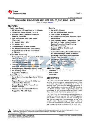 TAS5711 datasheet - 20-W DIGITAL AUDIO-POWER AMPLIFIER WITH EQ, DRC, AND 2.1 MODE