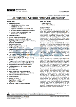 TLV320AIC3105IRHBR datasheet - LOW-POWER STEREO AUDIO CODEC FOR PORTABLE AUDIO/TELEPHONY