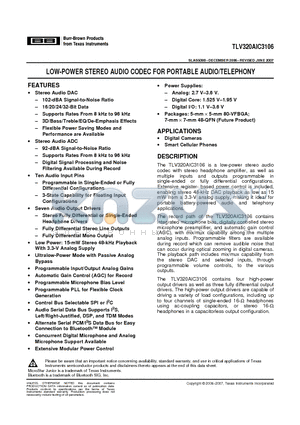 TLV320AIC3106IZQE datasheet - LOW-POWER STEREO AUDIO CODEC FOR PORTABLE AUDIO/TELEPHONY