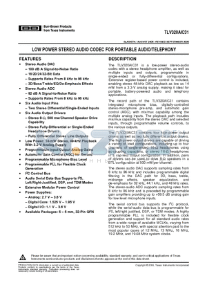 TLV320AIC31 datasheet - LOW POWER STEREO AUDIO CODEC FOR PORTABLE AUDIO/TELEPHONY