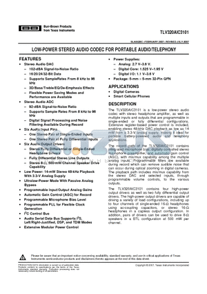 TLV320AIC3101 datasheet - LOW-POWER STEREO AUDIO CODEC FOR PORTABLE AUDIO/TELEPHONY