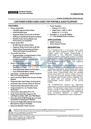 TLV320AIC3106IRGZT datasheet - LOW POWER STEREO AUDIO CODEC FOR PORTABLE AUDIO/TELEPHONY