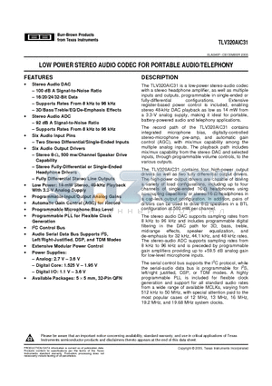 TLV320AIC31IRHBTG4 datasheet - LOW POWER STEREO AUDIO CODEC FOR PORTABLE AUDIO/TELEPHONY