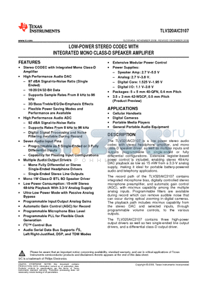 TLV320AIC3107YZFR datasheet - LOW-POWER STEREO CODEC WITH INTEGRATED MONO CLASS-D SPEAKER AMPLIFIER