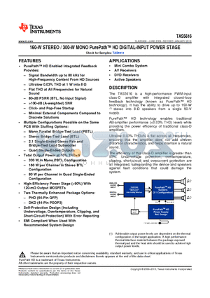 TAS5616DKD datasheet - 160-W STEREO / 300-W MONO PurePath HD DIGITAL-INPUT POWER STAGE