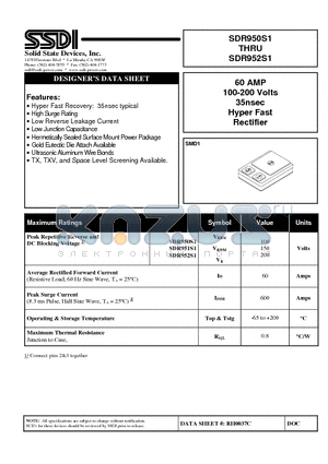 SDR951S1 datasheet - 60 AMP 100-200 Volts 35nsec Hyper Fast Rectifier