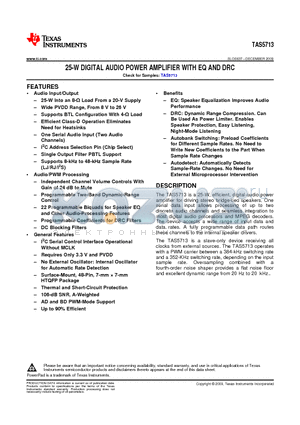 TAS5713_10 datasheet - 25-W DIGITAL AUDIO POWER AMPLIFIER WITH EQ AND DRC