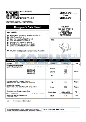 SDR952/3 datasheet - 60 AMP 100 - 200 VOLTS 35 nsec HYPER FAST RECTIFIER