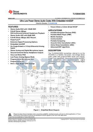 TLV320AIC3256IYZFR datasheet - Ultra Low Power Stereo Audio Codec With Embedded miniDSP
