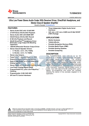 TLV320AIC3212 datasheet - Ultra Low Power Stereo Audio Codec With Receiver Driver, DirectPath Headphone, and Stereo Class-D Speaker Amplifier