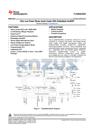 TLV320AIC3253IYZKT datasheet - Ultra Low Power Stereo Audio Codec With Embedded miniDSP