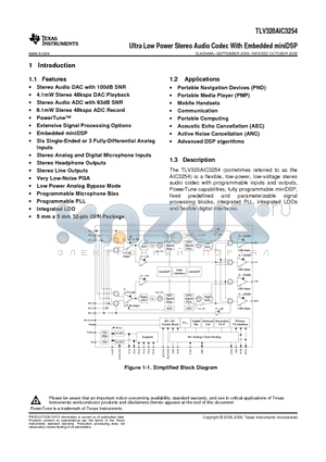 TLV320AIC3254 datasheet - Ultra Low Power Stereo Audio Codec With Embedded miniDSP