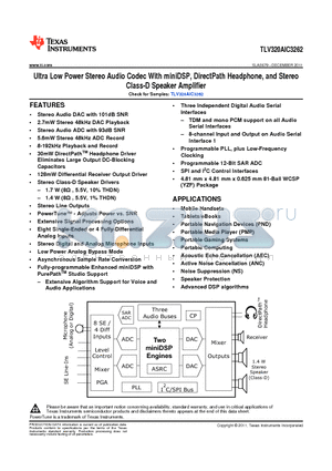 TLV320AIC3262IYZFR datasheet - Ultra Low Power Stereo Audio Codec With miniDSP, DirectPath Headphone