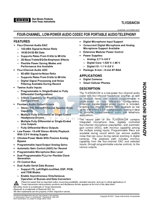 TLV320AIC34 datasheet - FOUR-CHANNEL, LOW-POWER AUDIO CODEC FOR PORTABLE AUDIO/TELEPHONY