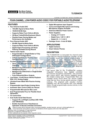 TLV320AIC34IZAS datasheet - FOUR-CHANNEL, LOW-POWER AUDIO CODEC FOR PORTABLE AUDIO/TELEPHONY